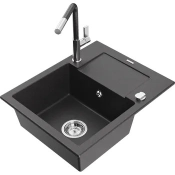 Granitový dřez Mexen Enzo granitový dřez s 1 komorou a odkapávačem a kuchyňskou baterií Flora, černý s puntíky - 6506-76-670401-08 Granitové dřezy s baterií
