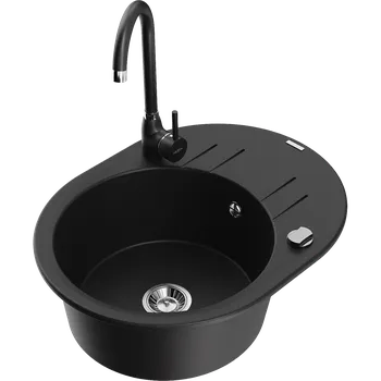 Granitový dřez Mexen Kevin granitový jednodřez s odkapávačem a kuchyňskou baterií Telma, černý - 6517-77-670200-70 Granitové dřezy s baterií