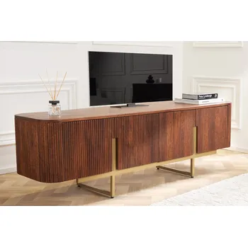 Televizní stolek Luxusní art-deco TV stolek Gatsby z mangového dřeva se zlatými detaily hnědý 160 cm