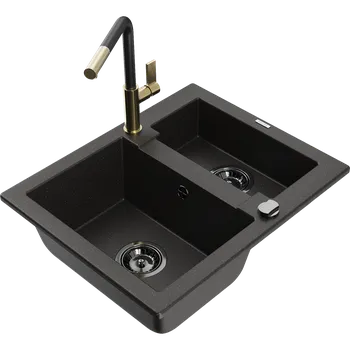 Granitový dřez Mexen Carlos žulový dřez 1,5-komorový s kuchyňskou baterií Flora, černý/zlatý metalík - 6518-75-670401-57-B Granitové dřezy s baterií
