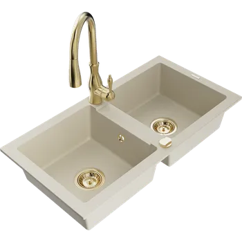 Granitový dřez Mexen Mario dřez granitový 2-komorový s kuchyňskou baterií Savita, béžový - 6504-69-672601-50 Granitové dřezy s baterií