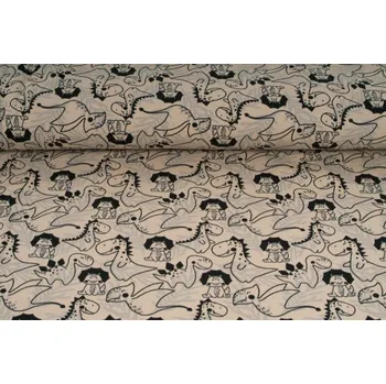 Úplet jednolíc,dinosauři na béžovém podkladu , tričkovina, látky, metráž