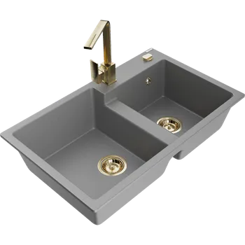 Mexen Tomas granitový dřez 2-komorový s kuchyňskou baterií Rita, šedý - 6516-71-670300-50 Granitové dřezy s baterií