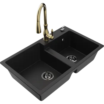 Granitový dřez Mexen Tomas žulový dřez 2-komorový s kuchyňskou baterií Savita, černý - 6516-77-672601-50-B Granitové dřezy s baterií