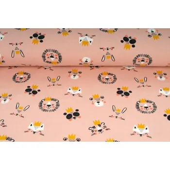 Úplet jednolíc, zvířátka na meruňkovém podkladu, tričkovina, látky, metráž