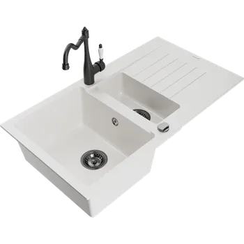 Granitový dřez Mexen Matias granitový dřez 1,5-komorový s odkapávačem a kuchyňskou baterií Carla, bílý - 6502-20-670700-70 Granitové dřezy s baterií