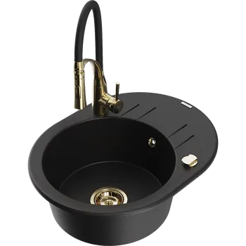 Granitový dřez Mexen Kevin granitový kuchyňský dřez 1-komorový s odkapávačem a kuchyňskou baterií Aster, černý - 6517-77-73450-57-G Granitové dřezy s baterií