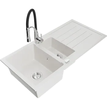 Granitový dřez Mexen Andres granitový dřez 1,5-komorový s odkapávačem a kuchyňskou baterií Aster, bílý - 6515-20-73450-07 Granitové dřezy s baterií