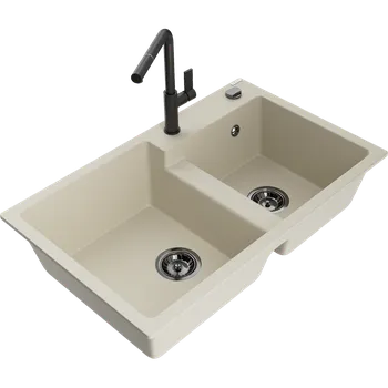 Granitový dřez Mexen Tomas granitový dřez 2-komorový s kuchyňskou baterií Flora, béžový - 6516-69-670401-70-B Granitové dřezy s baterií
