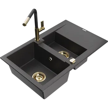 Granitový dřez Mexen Gaspar granitový dřez 1,5-komorový s odkapávačem a kuchyňskou baterií Flora, černý kropenatý - 6507-76-670401-57-G Granitové dřezy s baterií
