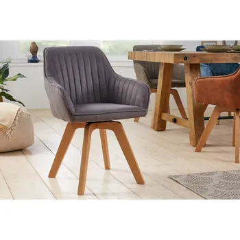 Jídelní židle Moderní otočná jídelní židle Caballet s šedým potahem z mikrovlákna a masivními nohama 84cm