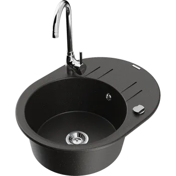 Granitový dřez Mexen Kevin granitový dřez 1-komorový s odkapávačem a kuchyňskou baterií Telma, černý/zlatý metalický Granitové dřezy s baterií