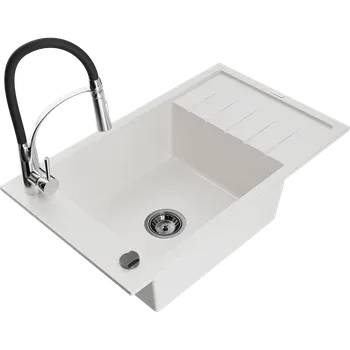 Granitový dřez Mexen Elias granitový dřez s odkapávačem a kuchyňskou baterií Aster, bílý - 6511-20-73450-07-B Granitové dřezy s baterií