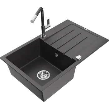 Granitový dřez Mexen Bruno granitový dřez 1-komorový s odkapávačem a kuchyňskou baterií Flora, černý tečkovaný - 6513-76-670401-08 Granitové dřezy s baterií