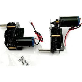 RC model Ocelové převodovky (1:4) + motory - dlouhá výstupní hřídel, kul. ložiska (18000 ot/min, převodový stupeň 1:4, umístění elektromotorů dle fota, všechny hřídele s kuličkovými ložisky)