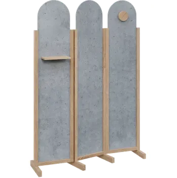 Paraván ATMOSFERE ROUND 219, dřevěný 3-dílný paraván, mobilní, výška 1900 mm, rám dub bardolino, výplň beton šedý, polička, věšák