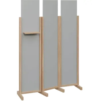 Paraván ATMOSFERE LINE 319, dřevěný 3-dílný paraván, mobilní, výška 1900 mm, rám dub bardolino, výplň šedá, polička