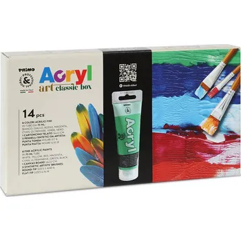 Speciální výtvarná barva Akrylové barvy PRIMO , sada 8 x 75ml, plátno, 5 štětců