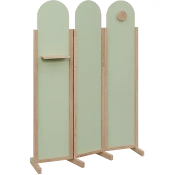 Paraván ATMOSFERE ROUND 219, dřevěný 3-dílný paraván, mobilní, výška 1900 mm, rám dub bardolino, výplň šedo-zelinkavá, polička, věšák