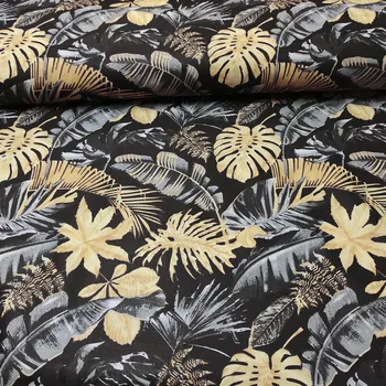 Bavlněná látka Listy Šedé a Žluté na Černém