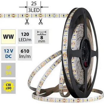 LED osvětlení LED pásek SMD2835 WW, 120LED/m, 9,6W/m, DC 12V, 610lm/m, CRI90, IP54, 8mm, 5m