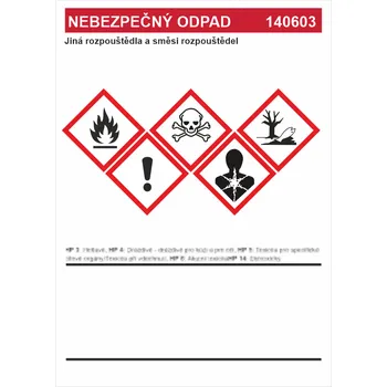Značení Nebezpečný odpad 140603 Jiná rozpouštědla a .... samolepící vinylová fólie A7 (105 x 74 mm)