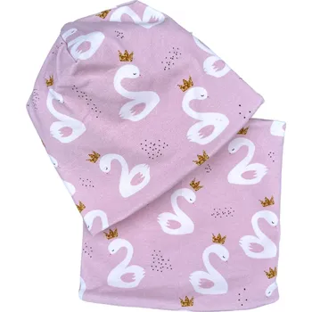 Čepice CAROZOO Set čepice a nákrčníku růžové s labutí 6-12 měsíců Růžová 19,5
