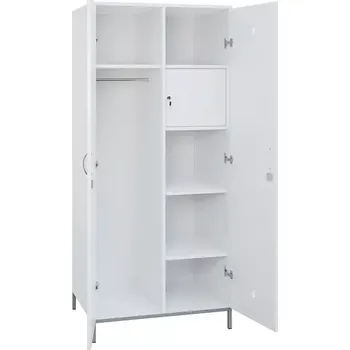 Šatní skříň SLN - 83T šatní skříň dřevěná, 2-dveřová, šatní tyč, police, trezor, 1800x800x500, kovové nohy, bílá