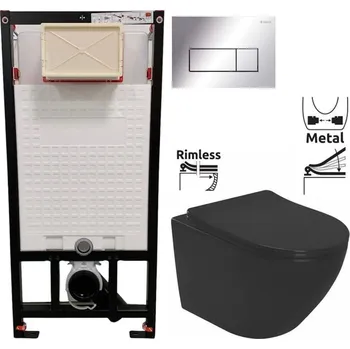Klozet DEANTE Podomítkový rám, pro závěsné WC mísy + SLIM tlačítko chrom + WC REA CARLO MINI RIMLESS ČERNÝ MAT + SEDÁTKO CST_WC01 051P MM1