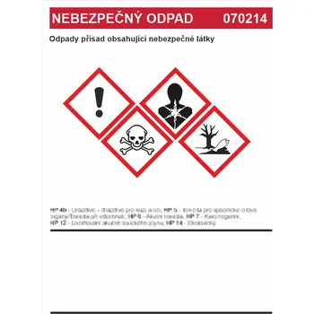 Značení Nebezpečný odpad 070214 Odpady přísad obsahující nebezpečné látky samolepící vinylová fólie A7 (105 x 74 mm)