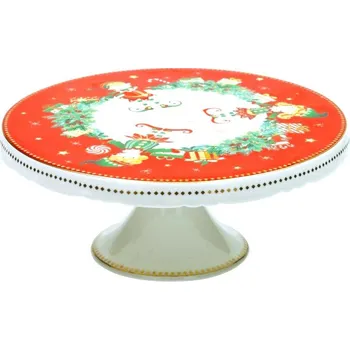 Porcelánový tác na noze na dort, bábovku, cukroví 20,5cm ELFOMAGIA BRANDANI (barva - porcelán, bílá/červená/zelená)