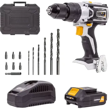 Aku bezdrátová vrtačka s příklepem, bezuhlíkový motor, 18V Li-Ion, 50 Nm, včetně 2Ah baterie, nabíječky a příslušenství, bateriová platforma MAXXPACK BATAVIA (BATAVIA)