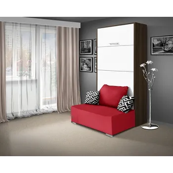 Postel Nabytekmorava Sklápěcí postel s pohovkou VS 21058P, 200x90 cm barevné kombinace: Ořech / dveře bílé, barva pohovky: Savana červená