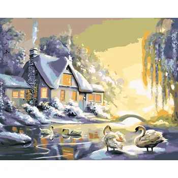 ZUTY Malování podle čísel - LABUTĚ A DŮM V ZIMĚ (D. RUSTY RUST) Rozměr: 40x50 cm, Rámování: vypnuté plátno na rám