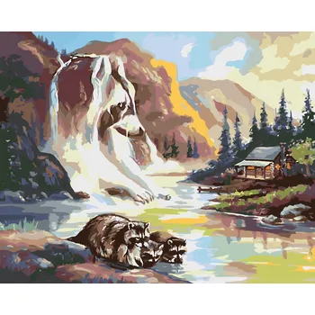 ZUTY Malování podle čísel - MÝVAL U ŘEKY, VODOPÁD A CHATA (D. RUSTY RUST) Rozměr: 40x50 cm, Rámování: bez rámu a bez vypnutí plátna