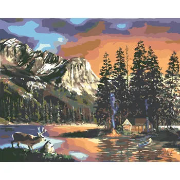 ZUTY Malování podle čísel - CHATA, JEZERO, JELEN A HORY (D. RUSTY RUST) Rozměr: 40x50 cm, Rámování: bez rámu a bez vypnutí plátna