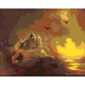 ZUTY Malování podle čísel - HRAD, RYTÍŘ A ZÁPAD SLUNCE (D. RUSTY RUST) Rozměr: 40x50 cm, Rámování: bez rámu a bez vypnutí plátna