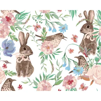 ZUTY Malování podle čísel - KRÁLÍCI A PTÁČCI V KVĚTINOVÉ KOMPOZICI Rozměr: 40x50 cm, Rámování: bez rámu a bez vypnutí plátna