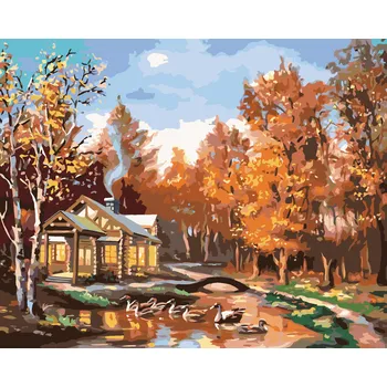 ZUTY Malování podle čísel - SRUB V PODZIMNÍM LESE A KACHNY (D. RUSTY RUST) Rozměr: 40x50 cm, Rámování: bez rámu a bez vypnutí plátna