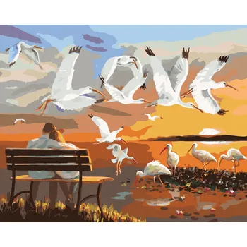 ZUTY Malování podle čísel - PÁR NA LAVIČCE A LETÍCÍ PTÁCI (D. RUSTY RUST) Rozměr: 40x50 cm, Rámování: bez rámu a bez vypnutí plátna