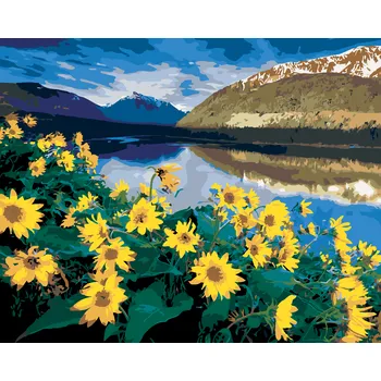 ZUTY Malování podle čísel - ŽLUTÉ KVĚTINY U HORSKÉHO JEZERA (DENNIS FRATES) Rozměr: 40x50 cm, Rámování: bez rámu a bez vypnutí plátna