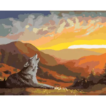 ZUTY Malování podle čísel - VYJÍCÍ VLK, ZÁPAD SLUNCE A HORY (D. RUSTY RUST) Rozměr: 40x50 cm, Rámování: bez rámu a bez vypnutí plátna