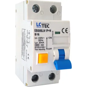 Proudový chránič LC TEC Proudové chrániče s jističem EBS9BLN 1P+N 2mod. Typ chrániče s nadpr. ochranou 2mod.: charakteristika B 25A, 30mA typ AC