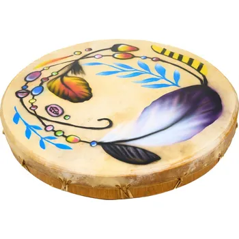 Brzdový buben Malovaný šamanský buben s peříčky větší