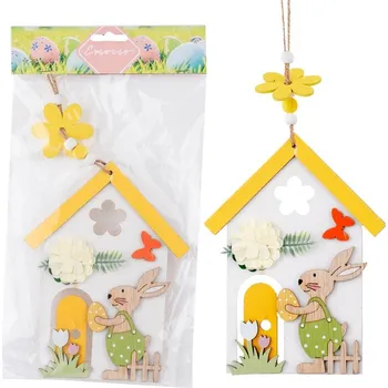 Velikonoční dekorace Závěs dřevo 135mm domeček s vel. zajíčkem, přírodní, barevná