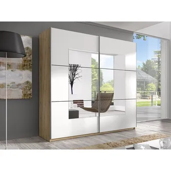 Šatní skříň Skříň s posuvnými dveřmi se zrcadlem BETA dub San Remo/bílá šířka 220 cm