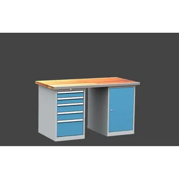 Průmyslová sponka dílenský stůl DPS 1A23 s oplechovanou nerezovou přední hranou desky, kontejner a skříňka + doprava zdarma