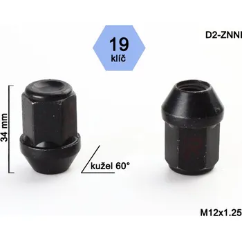 Matice na kolo Kolová matice M12x1,25mm, dosedací plocha kužel, zavřená, klíč 19, černý pozink (Matice na kola)