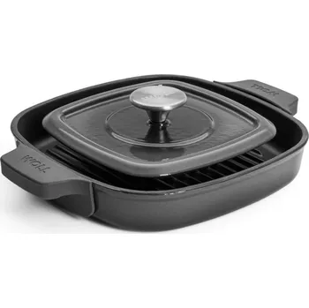 Hrnec Litinová grilovací pánev s drážkami a lisem na steaky 24 x 24 cm, šedá - WOLL (IRON IND grilovací pánev s poklici 24x24x4,5 cm šedá - WOLL)