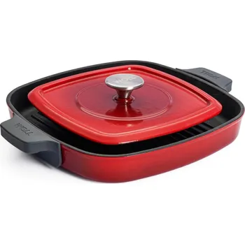 Hrnec Litinová grilovací pánev s drážkami a lisem na steaky 28 x 28 cm, červená - WOLL (IRON IND grilovací pánev s poklici 28x28x4,5 cm červená - WOLL)